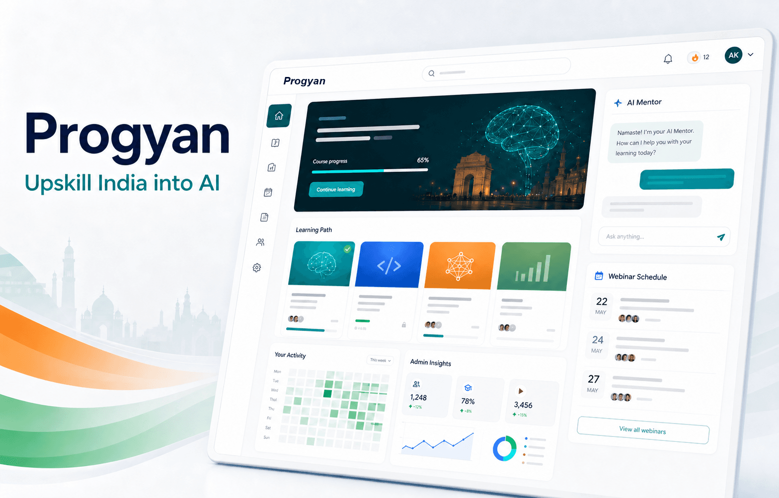 Progyan AI learning dashboard showing courses, AI mentor, webinars, and analytics